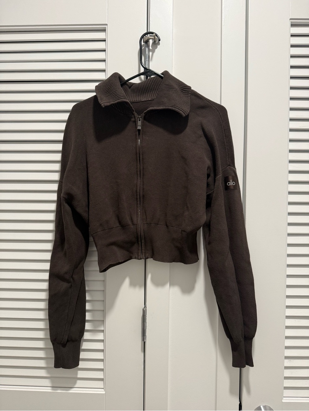 ALO Yoga Cropped Zip-Up Bomber Jacket in Dark Brown